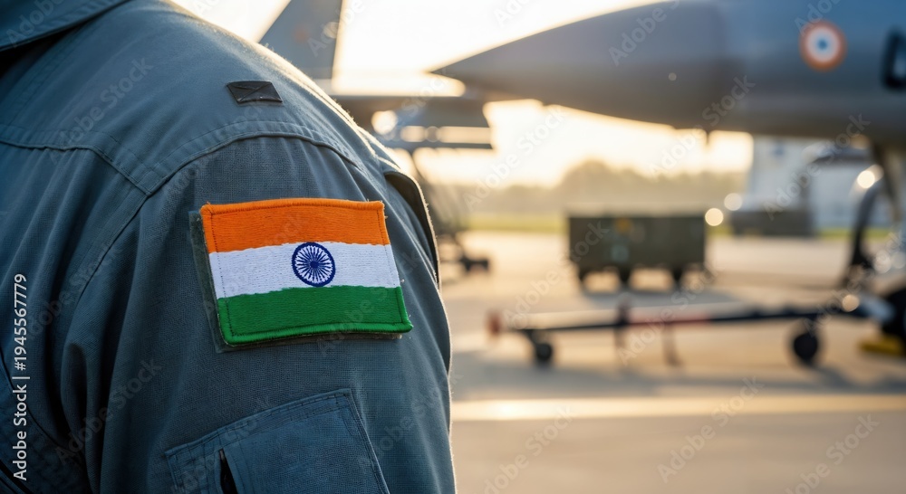 Fototapeta premium Indian Air Force Pilot in Flight Suit with Flag Patch Standing Near Fighter Jet