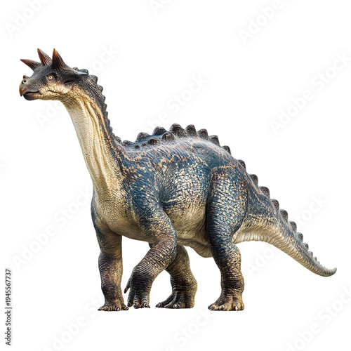 Realistic 3D render of a long-necked herbivore dinosaur with horns, prehistoric creature on a transparent background.
