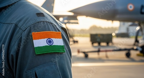 Indian Air Force Pilot in Flight Suit with Flag Patch Standing Near Fighter Jet