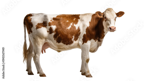 Isolated adult dairy cow with brown and white coat standing, looking directly at camera