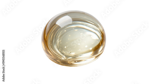 Isolated elegant clear glass sphere with internal golden brown fluid patterns and sparkling bubbles