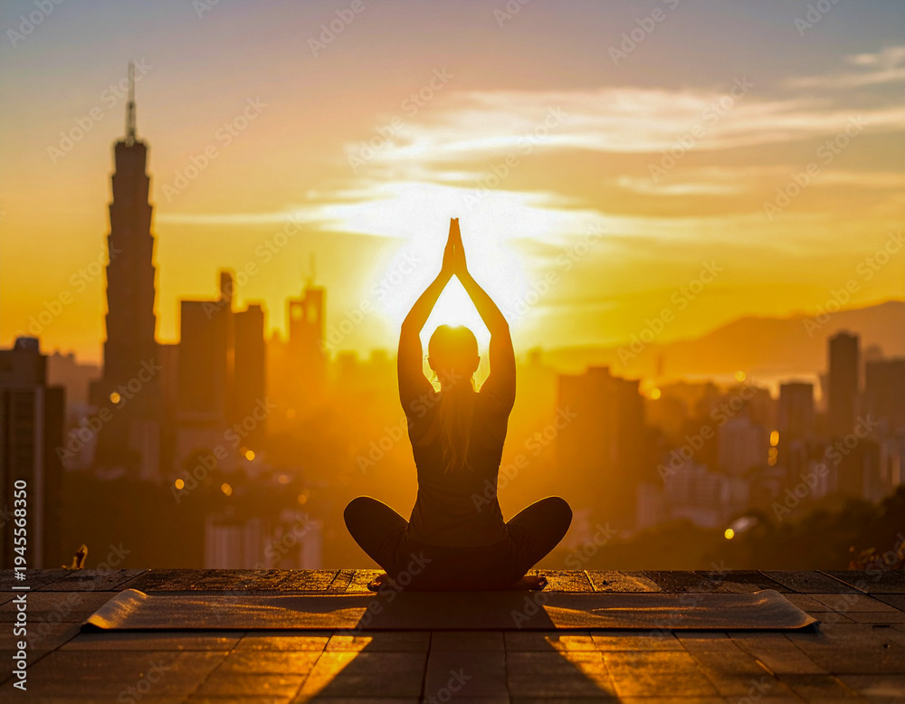 Fototapeta premium Silueta practicando yoga frente al skyline al atardecer. Concepto de bienestar, equilibrio y vida saludable.