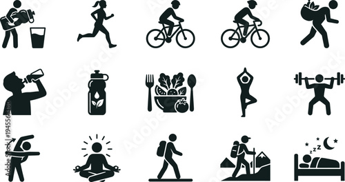 Professional Healthy Lifestyle Icon Set Featuring Running Cycling Weightlifting Yoga Healthy Nutrition and Physical Fitness Silhouettes