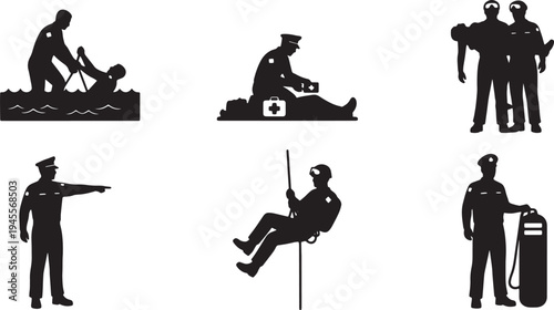 Black Solid Navy Officer Rescue Silhouettes Set of Six on White Background