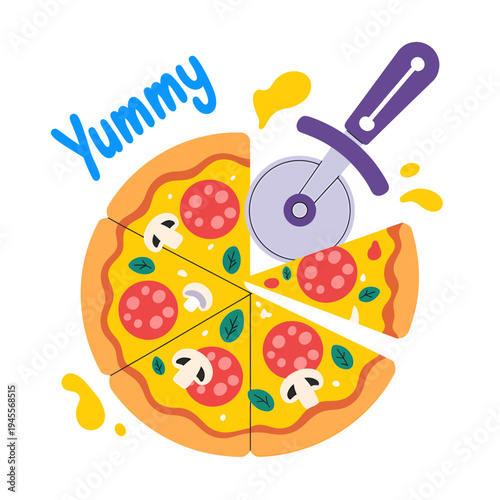 Cartoon pizza with slices and cutter on white background