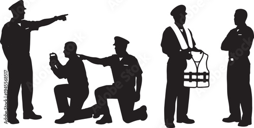 Black Solid Navy Officer Maritime Safety Training Silhouettes Set of Six on White Background