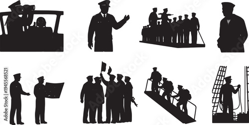 Black Solid Navy Officer Ship's Crew Routines Silhouettes Set of Six on White Background