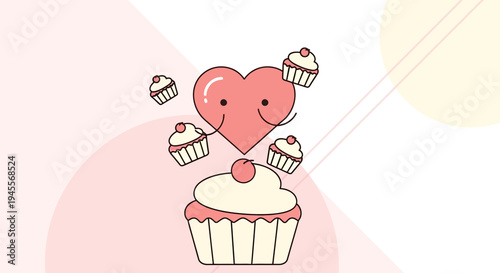 Sweet Love: Heart Character Surrounded by Cupcakes, Valentine's Day Concept