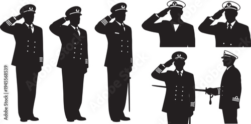 Black Solid Navy Officer Salute Silhouettes Set of Six on White Background