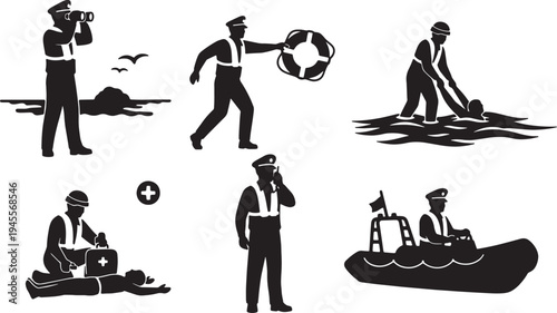 Black Solid Navy Officer Search and Rescue Silhouettes Set of Six on White Background