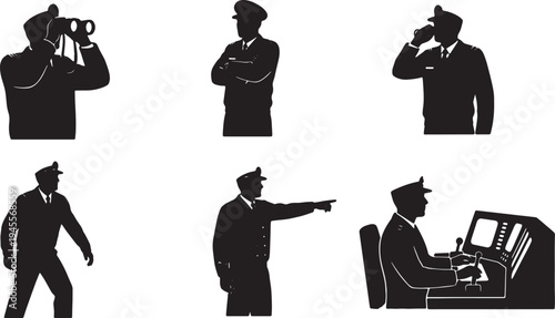 Black Solid Navy Officer Security Silhouettes Set of Six on White Background