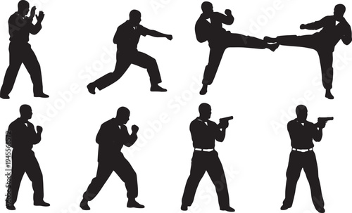 Black Solid Navy Officer Self-Defense Training Silhouettes Set of Six on White Background