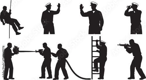 Black Solid Navy Officer Shipboard Drills Silhouettes Set of Six on White Background