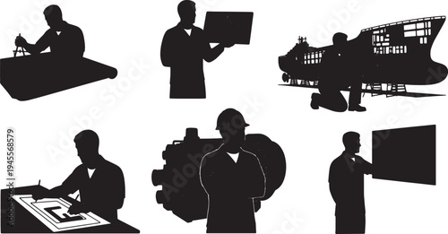 Black Solid Navy Officer Ship Design Engineering Silhouettes Set of Six on White Background