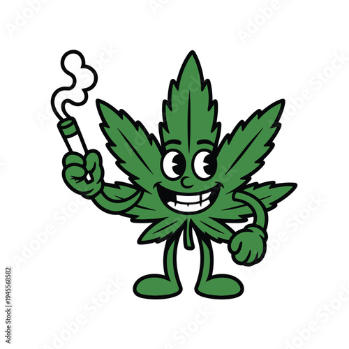 A cartoon cannabis leaf character smoking a joint with a smile