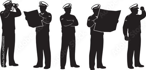 Black Solid Navy Officer Global Shipping Vigilance Silhouettes Set of Six on White Background