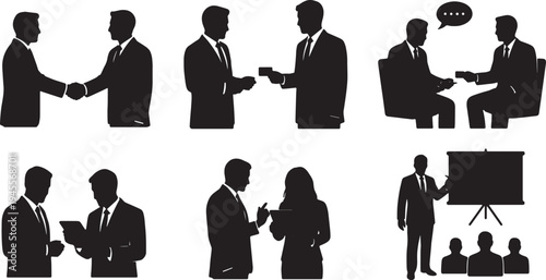 Black Solid Professional Networking Gestures Silhouettes Set of Six on White Background