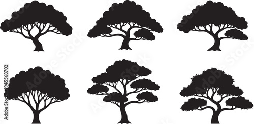 Black Solid Niwaki Cloud Prune Tree Silhouettes Set of Six on White Background