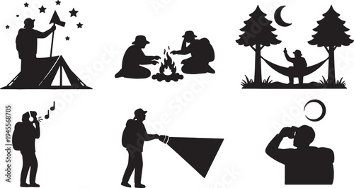 Explorer at Night in the Jungle Black Solid Silhouettes Set