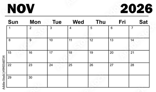 November 2026 Calendar – Clean Monthly Planner Template on White Background