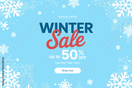 Winter sale advertisement with snowflakes on blue background and special offer
