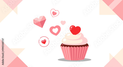 Sweet Cupcake with Heart Topping and Valentines Day Icons on Pink Background