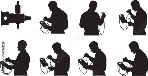 Black Solid Mechanic O2 Sensor Silhouettes Set of Six on White Background