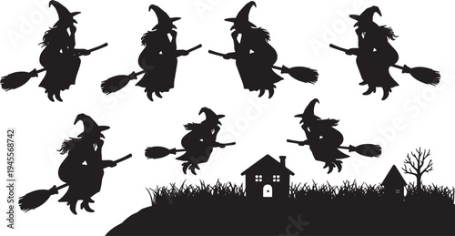 Black Solid Observant Witch Flight Silhouettes Set of Six on White Background