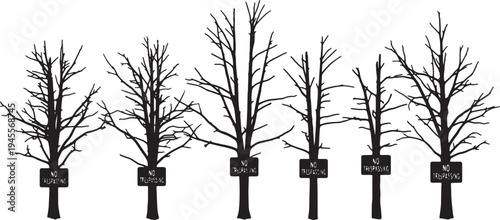 Black Solid No Trespassing Tree Silhouettes Set of Six on White Background