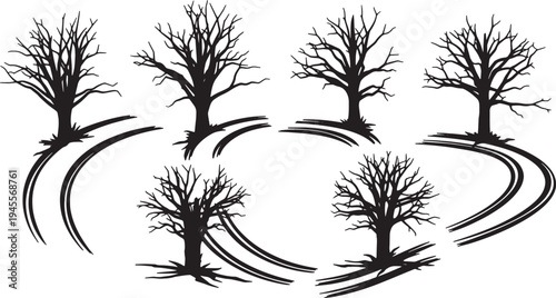 Black Solid Offroad Rut Tree Silhouettes Set of Six on White Background