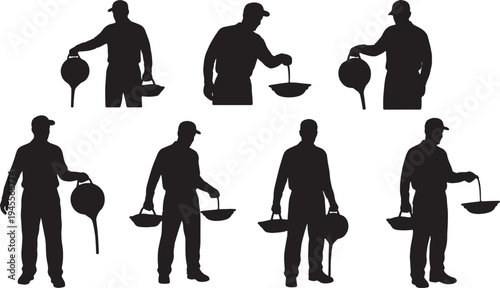 Black Solid Mechanic Carrying Oil Pan Silhouettes Set of Six on White Background