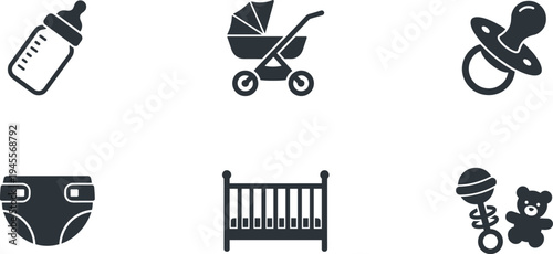 Professional Baby Care and Newborn Essentials Icon Set Featuring Feeding Bottle Stroller Pacifier Diaper Crib and Nursery Toy Silhouettes