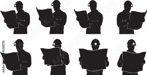 Black Solid Oil Worker Silhouettes Set of Six on White Background