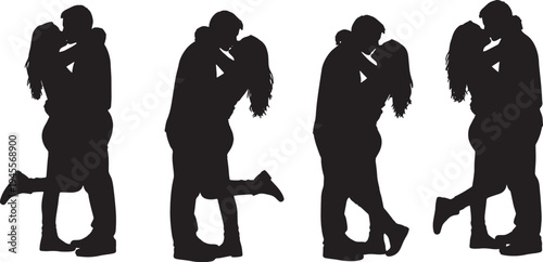 Black Solid Passionate Kissing Hugs Set of Six on White Background