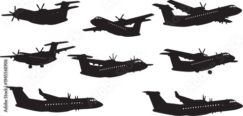 Black Solid Passenger Turboprop Silhouettes Set of Six on White Background