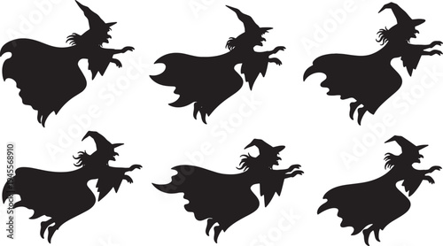 Black Solid Peaceful Witch Flight Silhouettes Set of Six on White Background