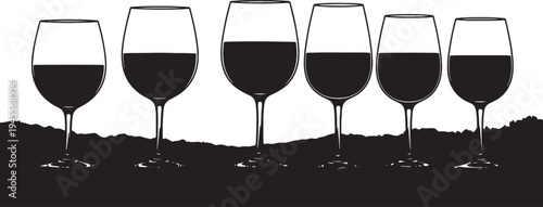 Black Solid Peaceful Outdoor Wine Glasses Silhouettes Set of Six on White Background