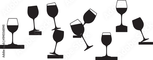 Black Solid Perched Wine Glasses Silhouettes Set of Six on White Background