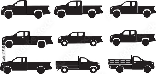 Black Solid Pickup Truck Silhouettes Set of Six on White Background