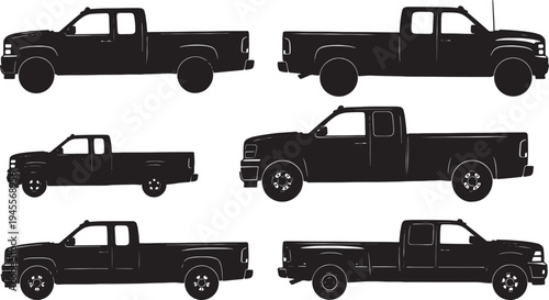 Black Solid Pickup Truck Silhouettes Set of Six on White Background