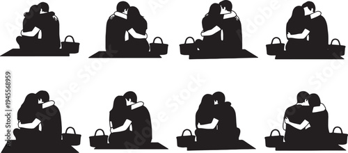 Black Solid Picnic Blanket Couple Hugs Set of Six on White Background