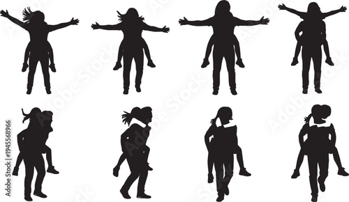 Black Solid Piggyback Ride Couple Fun Set of Six on White Background