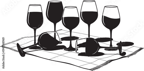 Black Solid Picnic Wine Glasses Silhouettes Set of Six on White Background