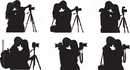 Black Solid Photographer Camera Couple Hugs Set of Six on White Background
