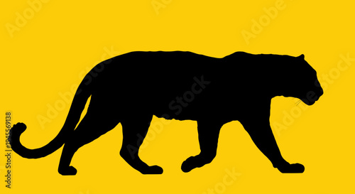 Sleek black silhouette of a powerful big cat, such as a panther or jaguar, walking on a vibrant yellow background, a dynamic vector design for modern use