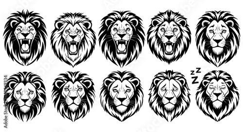 Collection of Detailed Lion Head Vector Designs Showcasing Various Emotions and Powerful Animal Symbolism