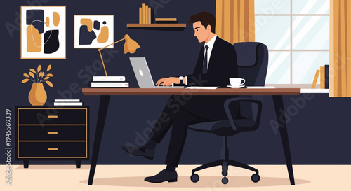 Businessman working on laptop in modern office, focused and productive