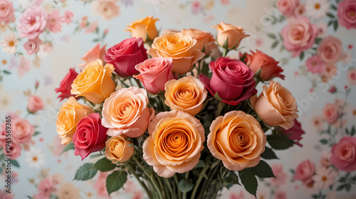 Vibrant bouquet of colorful roses against a soft floral background.