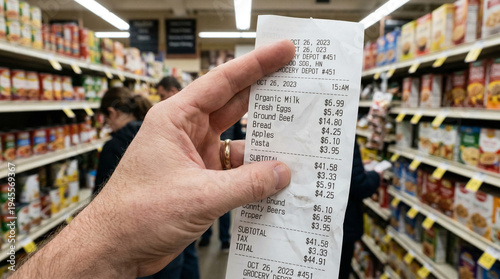 Hand holding a grocery receipt in a supermarket aisle with shelves stocked with goods