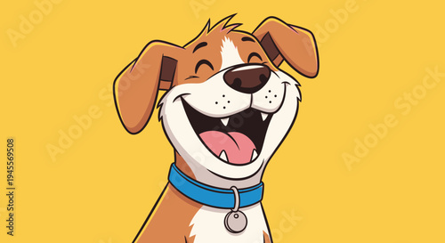 Delightful and cheerful cartoon dog illustration with a wide smile, radiating pure joy and friendly enthusiasm on a vibrant yellow background